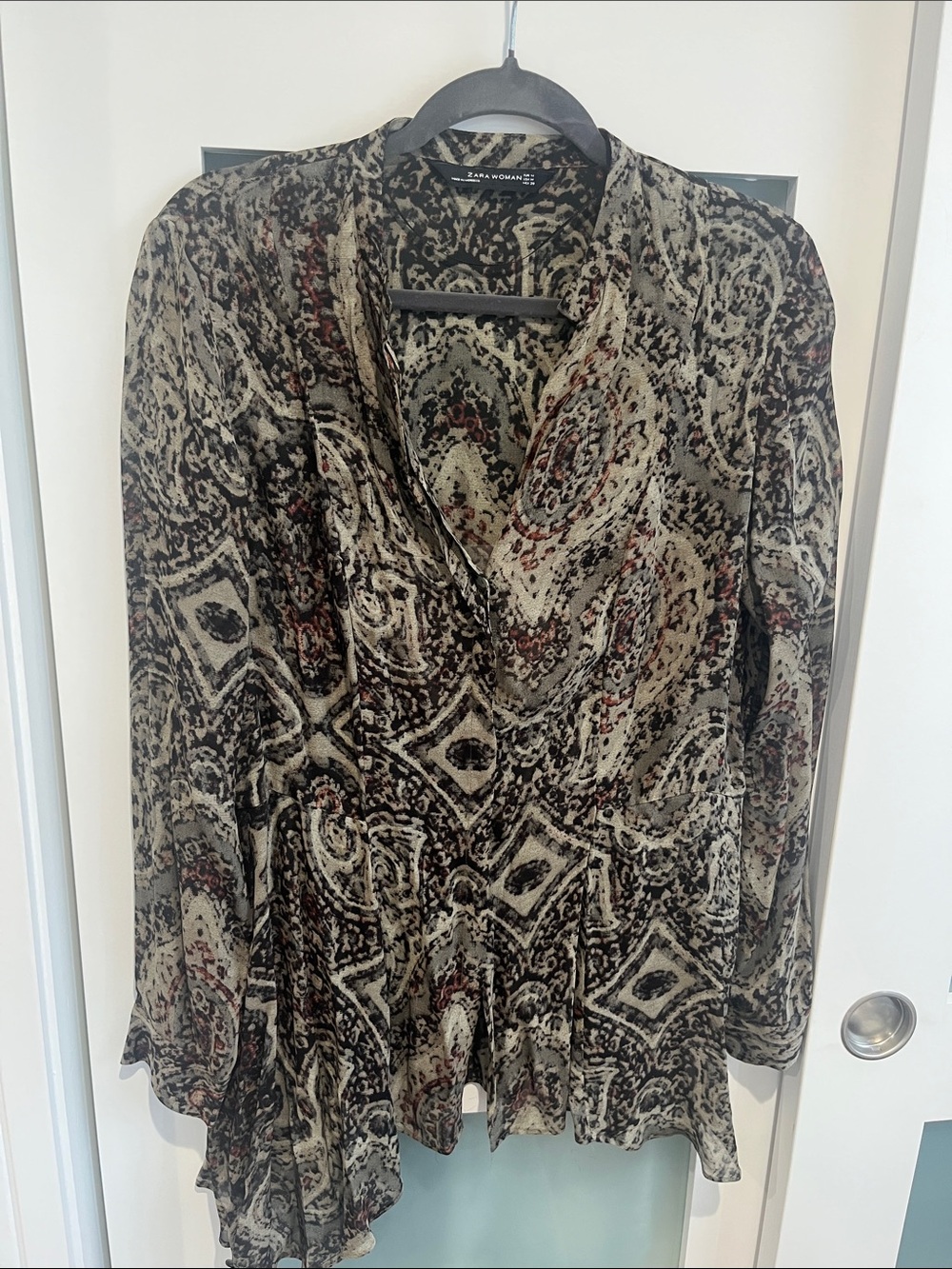 Zara Olive and Black Paisley V-Neck Blouse with Rust Accents